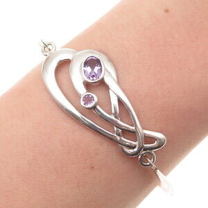 KIT HEATH Sterling Vintage 1990 Real Amethyst Modernist Bangle Bracelet 6.75"